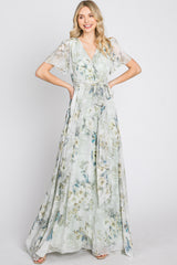 Light Olive Floral Chiffon Wrap Front Short Sleeve Maxi Dress