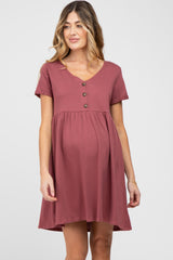 Burgundy Button Front Basic Maternity Dress