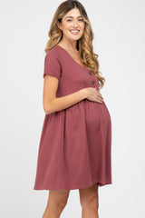 Burgundy Button Front Basic Maternity Dress