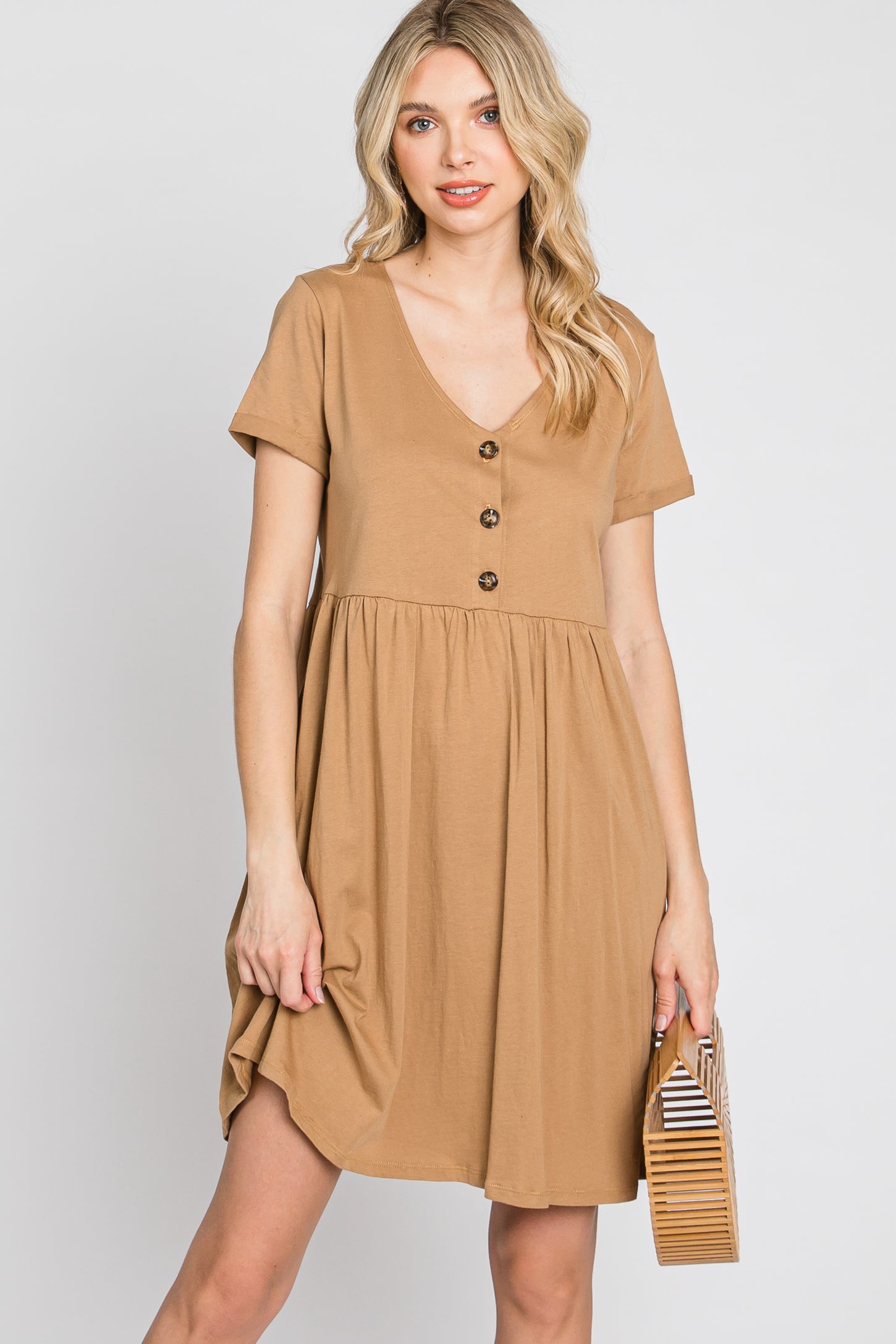 Camel Button Front Basic Dress