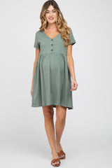 Olive Button Front Basic Maternity Dress