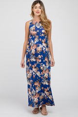 Royal Blue Floral Sleeveless Maternity Maxi Dress