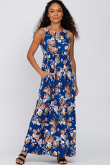 Royal Blue Floral Sleeveless Maternity Maxi Dress