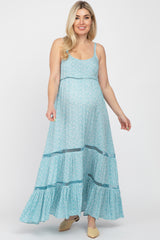 Light Blue Ditsy Floral Crochet Accent Maternity Maxi Dress
