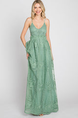 Mint Green Crochet Lace Open Back Maxi Dress