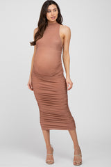 Mauve Glitter Mock Neck Ruched Fitted Maternity Midi Dress