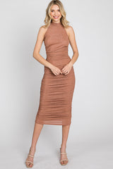 Mauve Glitter Mock Neck Ruched Fitted Maternity Midi Dress