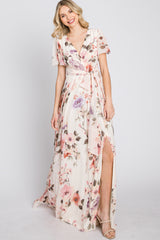 Cream Floral Chiffon Maxi Dress