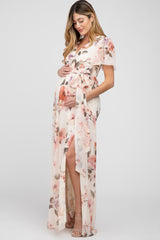 Cream Floral Chiffon Maternity Maxi Dress