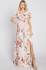 Cream Floral Chiffon Maternity Maxi Dress