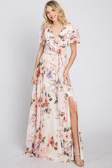 Cream Floral Chiffon Maxi Dress