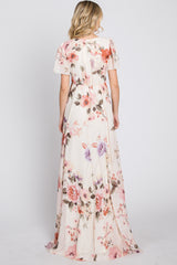 Cream Floral Chiffon Maxi Dress