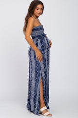 Navy Printed Keyhole Front Halter Neck Maternity Maxi Dress