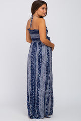 Navy Printed Keyhole Front Halter Neck Maternity Maxi Dress