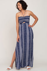 Navy Printed Keyhole Front Halter Neck Maternity Maxi Dress