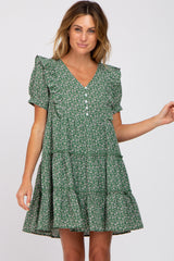 Green Floral Tiered Ruffle Dress