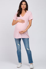 Pink Textured V-Neck Maternity Top