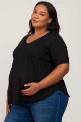 Black Ribbed Babydoll Maternity Plus Top