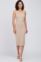 Taupe Knit Square Neck Midi Dress