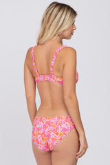 Pink Floral Sweetheart Neck Front Tie Bikini Swim Set