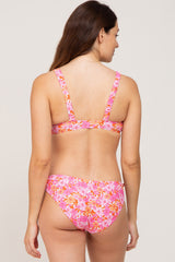 Pink Floral Sweetheart Neck Front Tie Maternity Bikini Swim Set