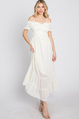 Cream Smocked Ruffle Off Shoulder Maxi Dress