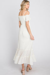 Cream Smocked Ruffle Off Shoulder Maxi Dress