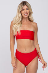 Red Strapless Lace Up Side Two-Piece Maternity Bikini Set