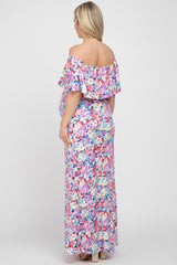 Pink Floral Off Shoulder Maternity Maxi Dress