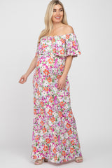 Fuchsia Floral Off Shoulder Maternity Maxi Dress