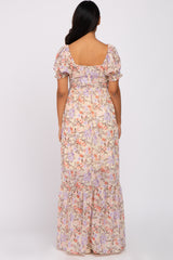 Cream Floral Sweetheart Neck Puff Sleeve Maternity Maxi Dress