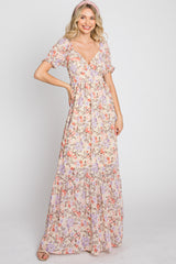 Cream Floral Sweetheart Neck Puff Sleeve Maternity Maxi Dress