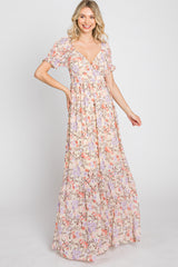 Cream Floral Sweetheart Neck Puff Sleeve Maxi Dress