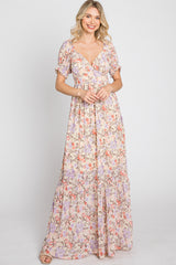 Cream Floral Sweetheart Neck Puff Sleeve Maxi Dress