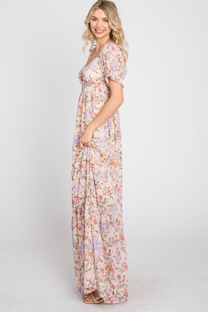 Cream Floral Sweetheart Neck Puff Sleeve Maxi Dress