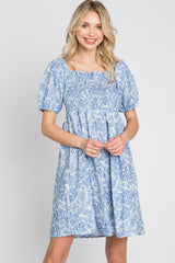 Blue Leaf Print Puff Sleeve Mini Dress