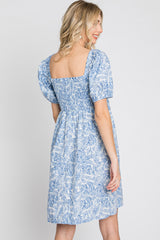 Blue Leaf Print Puff Sleeve Mini Dress