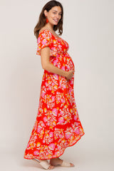 Orange Floral Off Shoulder High-Low Hem Maternity Dress