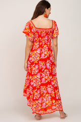 Orange Floral Off Shoulder High-Low Hem Maternity Dress