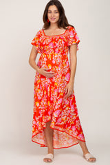 Orange Floral Off Shoulder High-Low Hem Maternity Dress