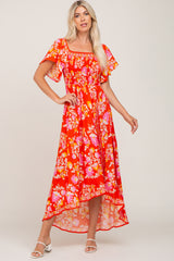 Orange Floral Off Shoulder High-Low Hem Maternity Dress