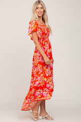 Orange Floral Off Shoulder High-Low Hem Dress