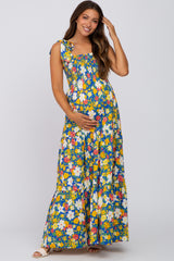 Blue Multi-Color Floral Sleeveless Smocked Tiered Maternity Maxi Dress