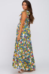 Blue Multi-Color Floral Sleeveless Smocked Tiered Maternity Maxi Dress