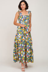 Blue Multi-Color Floral Sleeveless Smocked Tiered Maxi Dress