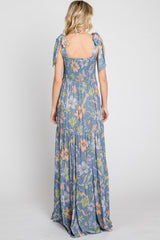 Blue Floral Smocked Shoulder Tie Maxi Dress