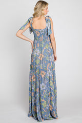 Blue Floral Smocked Shoulder Tie Maxi Dress