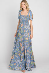 Blue Floral Smocked Shoulder Tie Maxi Dress