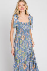 Blue Floral Smocked Shoulder Tie Maxi Dress