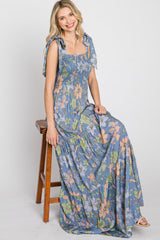 Blue Floral Smocked Shoulder Tie Maxi Dress